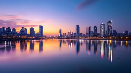 Spectacular Cityscape of Seoul's Skyline Mirrored on the Tranquil Han River at Sunset