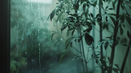 Raindrops drumming rhythmically on a windowpane, creating a peaceful and calming atmosphere.