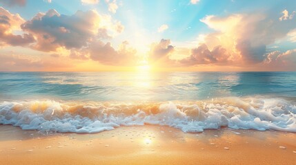 Beautiful sea summer or spring abstract background. Golden sand beach with blue ocean and cloudscape and sunset in the back. - obrazy, fototapety, plakaty