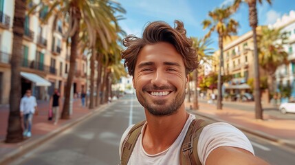 Handsome man taking selfie. Happy tourist having fun walking outside on summer vacation, travel. holidays 