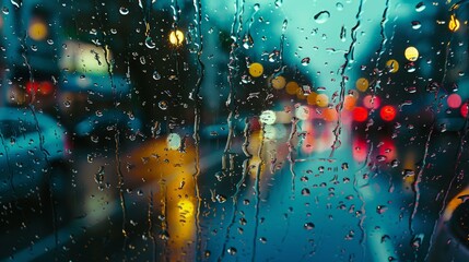 The driver's perspective, focusing on the raindrops on the windshield and the reflections of traffic lights. 