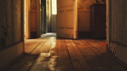 A pair of footsteps disappears around a corner, leaving the viewer to imagine what awaits inside the unlocked room. - Powered by Adobe