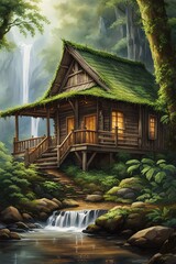 Old cabin in the rain forest with heavy mist