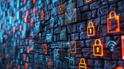 A user constructing a fortified wall using icons for antivirus software, password managers, and other security tools.