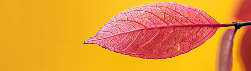 Fototapeta premium A pink leaf with a yellow background 