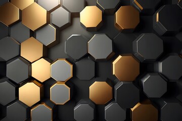 Abstract futuristic luxurious digital geometric technology hexagon background banner illustration 3d - Glowing gold, brown, gray and black hexagonal 3d shape texture wall background