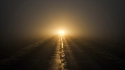 Naklejka premium Powerful headlights cutting through a thick fog on a rural road, creating a sense of mystery and adventure.