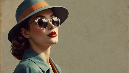 a woman wearing a hat and sunglasses in a painting, digital illustration, beautiful retro art, 50's vintage illustration, Copy Space