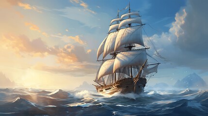 Fototapeta premium art illustration of big ancient pirate ship sailing on rough sea. AI Generative