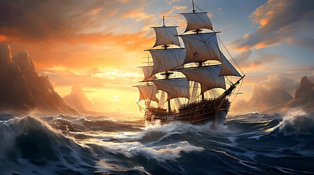 art illustration of big ancient pirate ship sailing on rough sea. AI Generative