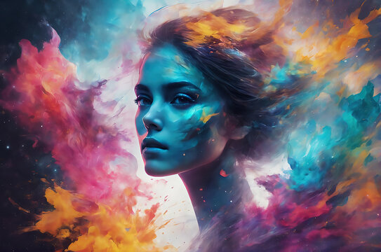 Beautiful Fantasy Abstract Portrait Of A Beautiful Woman Double Exposure With A Colorful Digital Paint Splash Or Space Nebula 