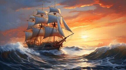 Fototapeta premium art illustration of big ancient pirate ship sailing on rough sea. AI Generative