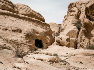 Natural beauty of mountains at the Petra Historic Reserve near the city of Wadi Musa which contains Petra in Jordan