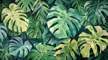 A dense and overlapping pattern of large, green monstera leaves with hints of sunlight filtering through in watercolor