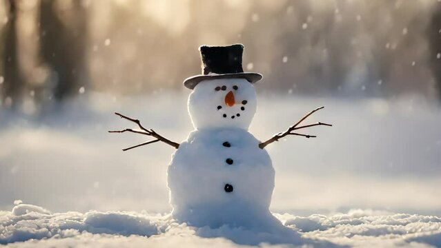 snowman in winter with falling snow, footage, 4k footage, videos, slow motion