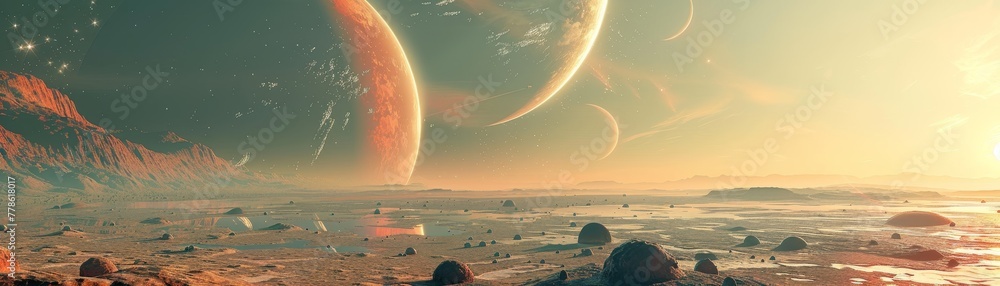 Wall mural A desolate landscape with three planets in the sky