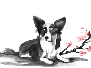 Illustration of a New Year's greeting card drawn in ink(Dog painted,watercolor,japan style)