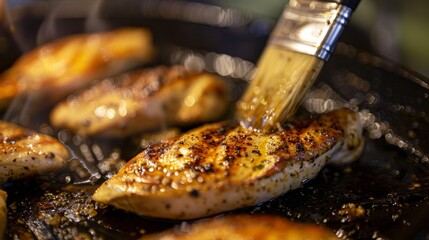 Basting juicy chicken breasts with a flavorful marinade using a large brush - obrazy, fototapety, plakaty