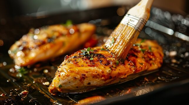 Basting juicy chicken breasts with a flavorful marinade using a large brush