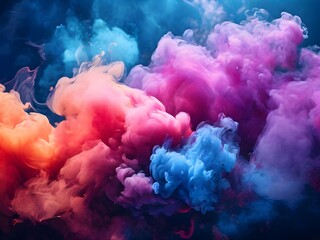 A stunning scene of colored smoke on a black background, with a mesmerizing blue and purple smoke trail in the center, an impressive and vibrant image. - obrazy, fototapety, plakaty