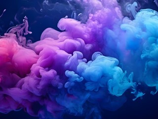 A stunning scene of colored smoke on a black background, with a mesmerizing blue and purple smoke trail in the center, an impressive and vibrant image. - obrazy, fototapety, plakaty