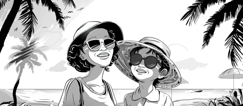 A monochromatic drawing of two women with glasses and goggles standing on a beach, smiling happily. The women are wearing white sunglasses and appear to be enjoying their travel