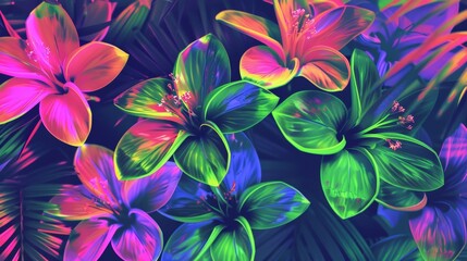 A dynamic pattern featuring tropical flowers in bright neon colors like pink, green, and blue, creating a futuristic or retro feel. - obrazy, fototapety, plakaty