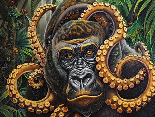 A painting of a gorilla with an octopus on its back