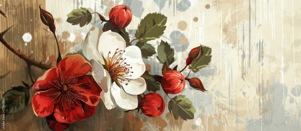 Sticker a creative painting featuring red and white flowers arranged on a wooden background, showcasing the 