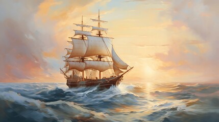 Fototapeta premium art illustration of big ancient pirate ship sailing on rough sea. AI Generative