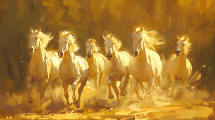 Herd of Golden , Seven Horses, Golden Oil Painting Generative AI - obrazy, fototapety, plakaty