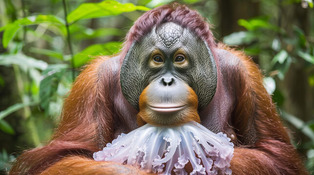 A large orange monkey with a white flowery collar on its neck