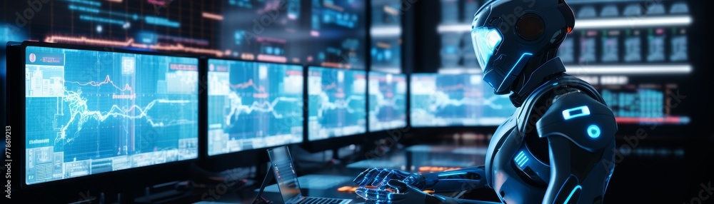 Poster a humanoid robot assesses complex financial data displayed across multiple digital screens