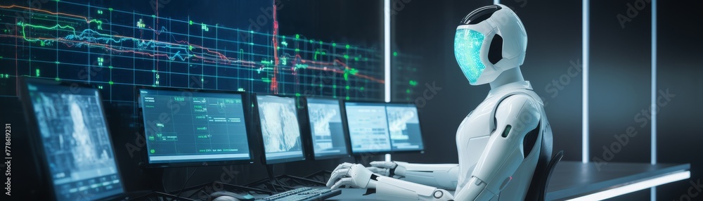 Aufkleber a humanoid robot assesses complex financial data displayed across multiple digital screens