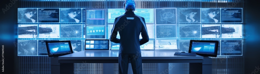 Aufkleber a humanoid robot assesses complex financial data displayed across multiple digital screens