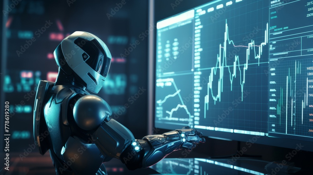 Aufkleber a humanoid robot assesses complex financial data displayed across multiple digital screens