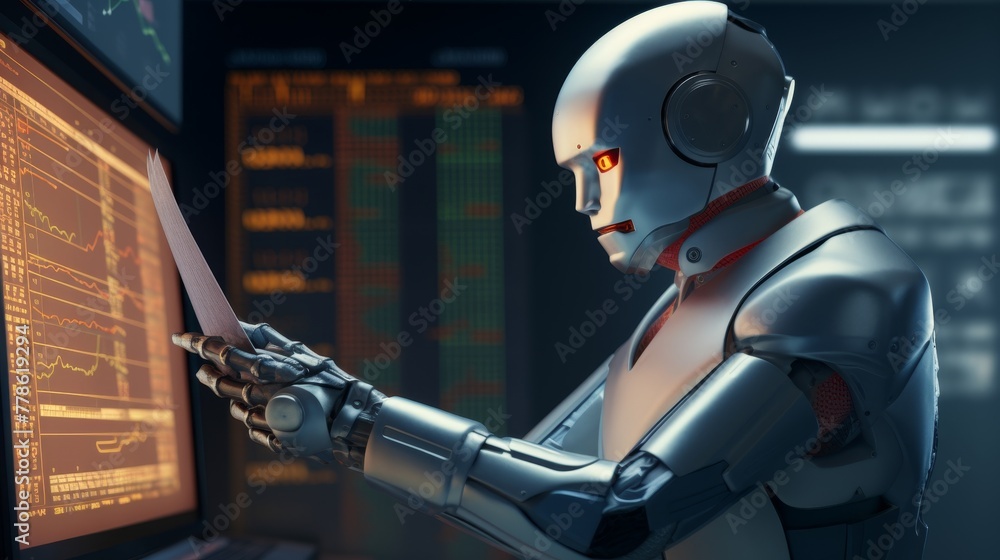Poster a humanoid robot assesses complex financial data displayed across multiple digital screens