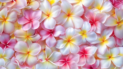 A repeating pattern showcasing plumeria flowers in shades of white, pink, and yellow, with delicate details like stamens and petals.