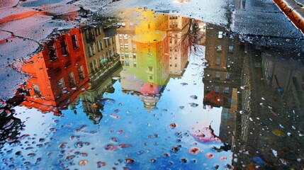 A photo of colorful reflections of buildings in puddles on a city street after a spring shower.
