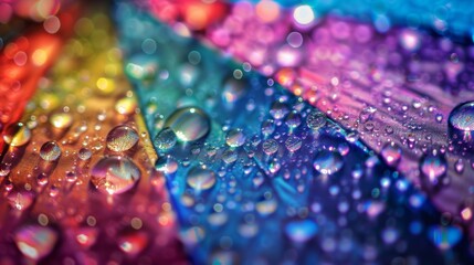A close-up shot of raindrops rolling off the vibrant fabric of an umbrella, creating tiny ripples and glistening beads.