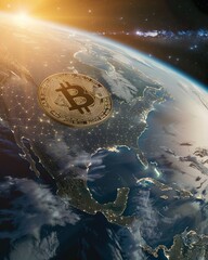 Bitcoin symbol orbiting Earth, dawn light from space, wide angle, global digital currency