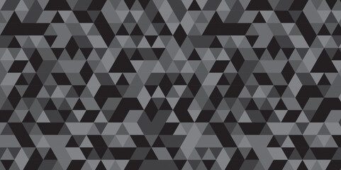 	
Abstract geometric black and gray background seamless mosaic and low polygon triangle texture wallpaper. Triangle shape retro wall grid pattern geometric ornament tile vector square element.