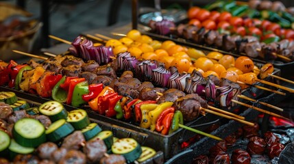 A variety of colorful grilled kebabs with vegetables and different types of meat.
