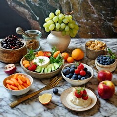 Fototapeta na wymiar a harmonious composition of healthy food choices arranged elegantly on a rustic marble surface, emphasizing their natural appeal and the pleasures of mindful nutrition