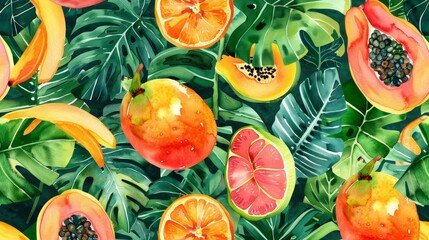 A vibrant watercolor pattern featuring tropical leaves interwoven with exotic fruits like mangoes and papayas 