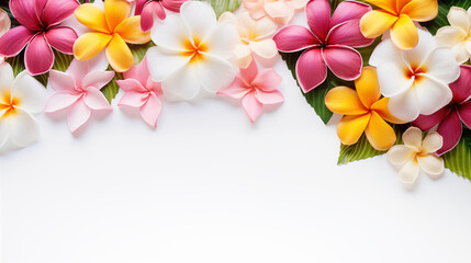 Tropical flowers on white background with text space, bright tone