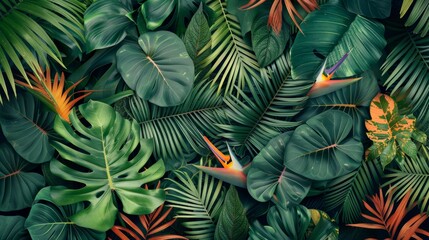 A diverse pattern showcasing a variety of tropical leaves - banana leaves, ferns, and bird of paradise leaves - in contrasting colors and textures.