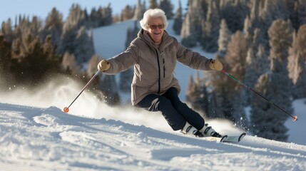 Senior Woman Enjoying Skiing on Snowy Slope