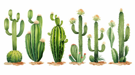 Watercolor green cactus collection on white background