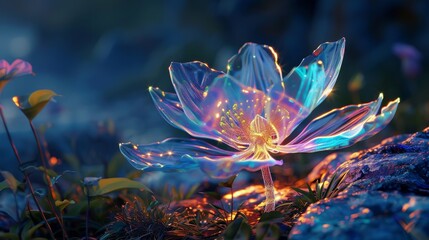 A luminous flower blooms at twilight its petals glowing